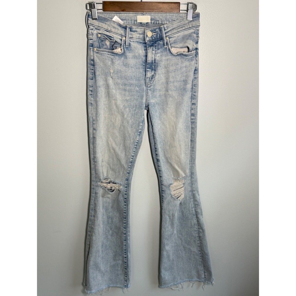 Mother The Hustler Ankle Fray Distressed Flare Jeans Light Wash 25